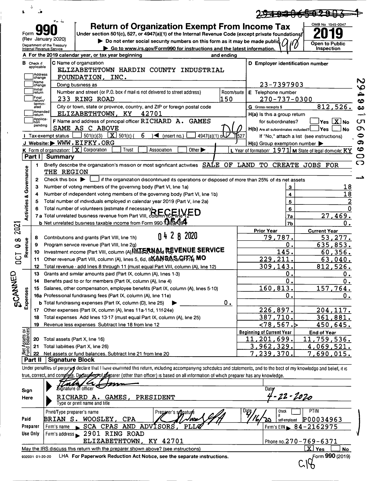 Image of first page of 2019 Form 990O for Elizabethtown Hardin County Industrial Foundation