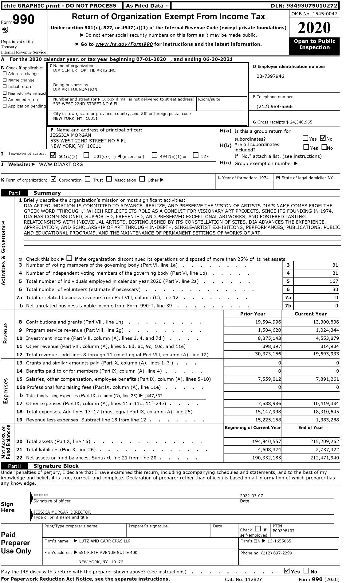 Image of first page of 2020 Form 990 for Dia Arts Foundation