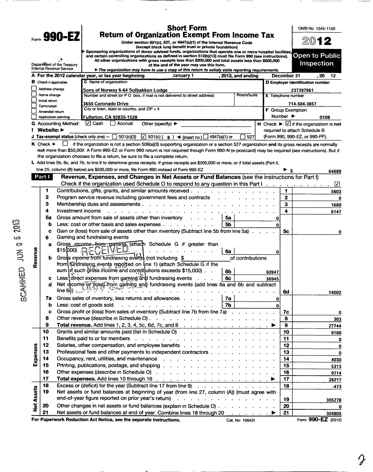 Image of first page of 2012 Form 990EO for Sons of Norway - 6-64 Solbakken Lodge