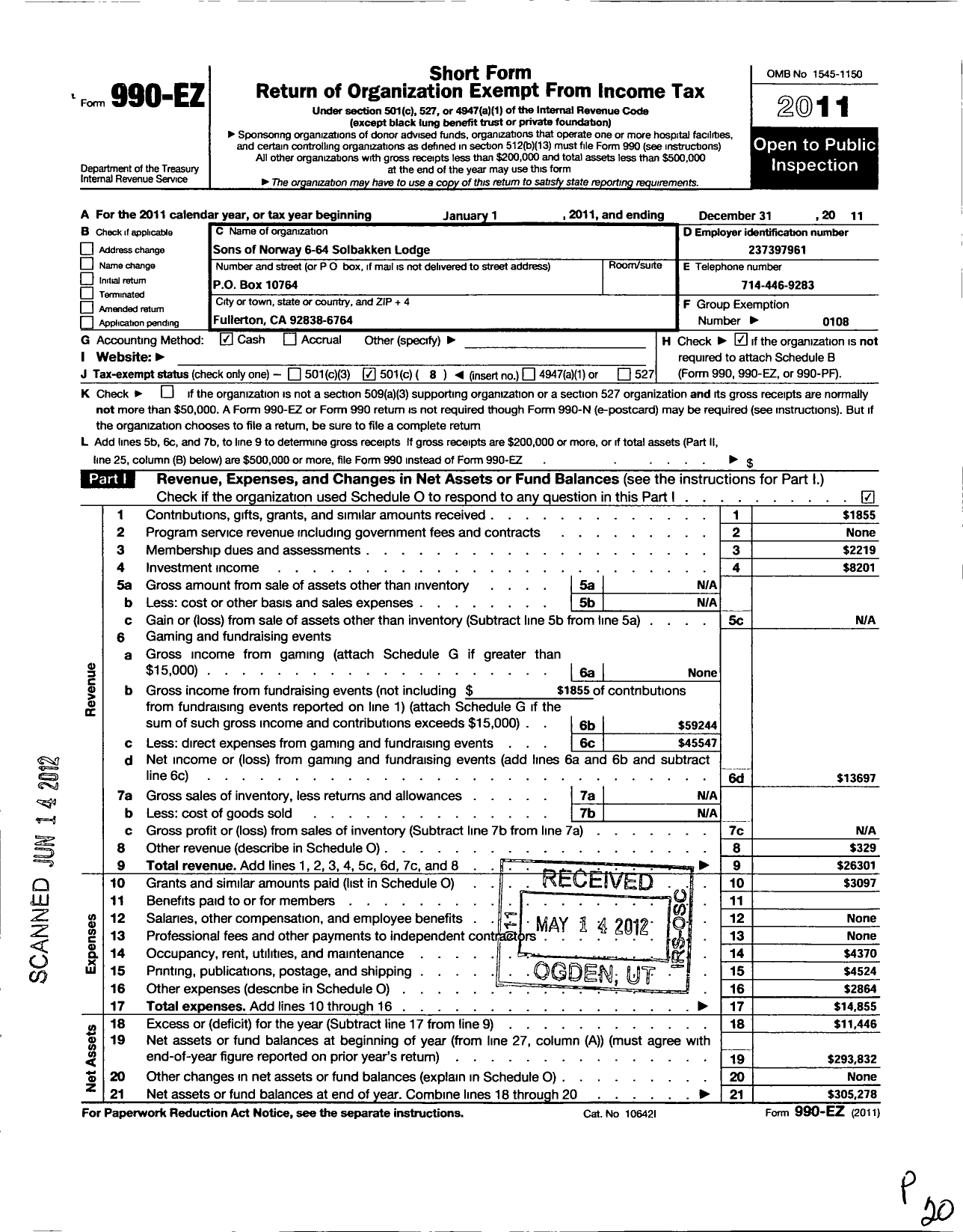 Image of first page of 2011 Form 990EO for Sons of Norway - 6-64 Solbakken Lodge