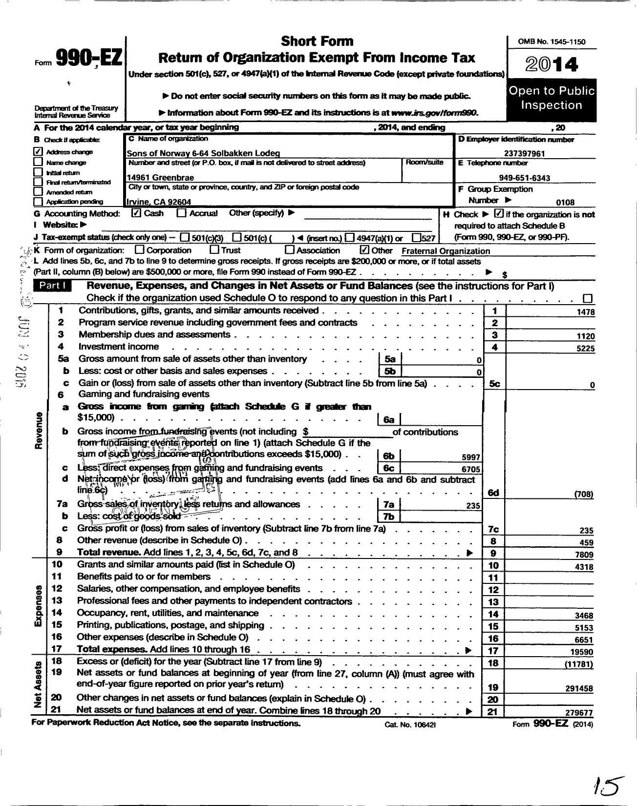 Image of first page of 2014 Form 990EO for Sons of Norway - 6-64 Solbakken Lodge