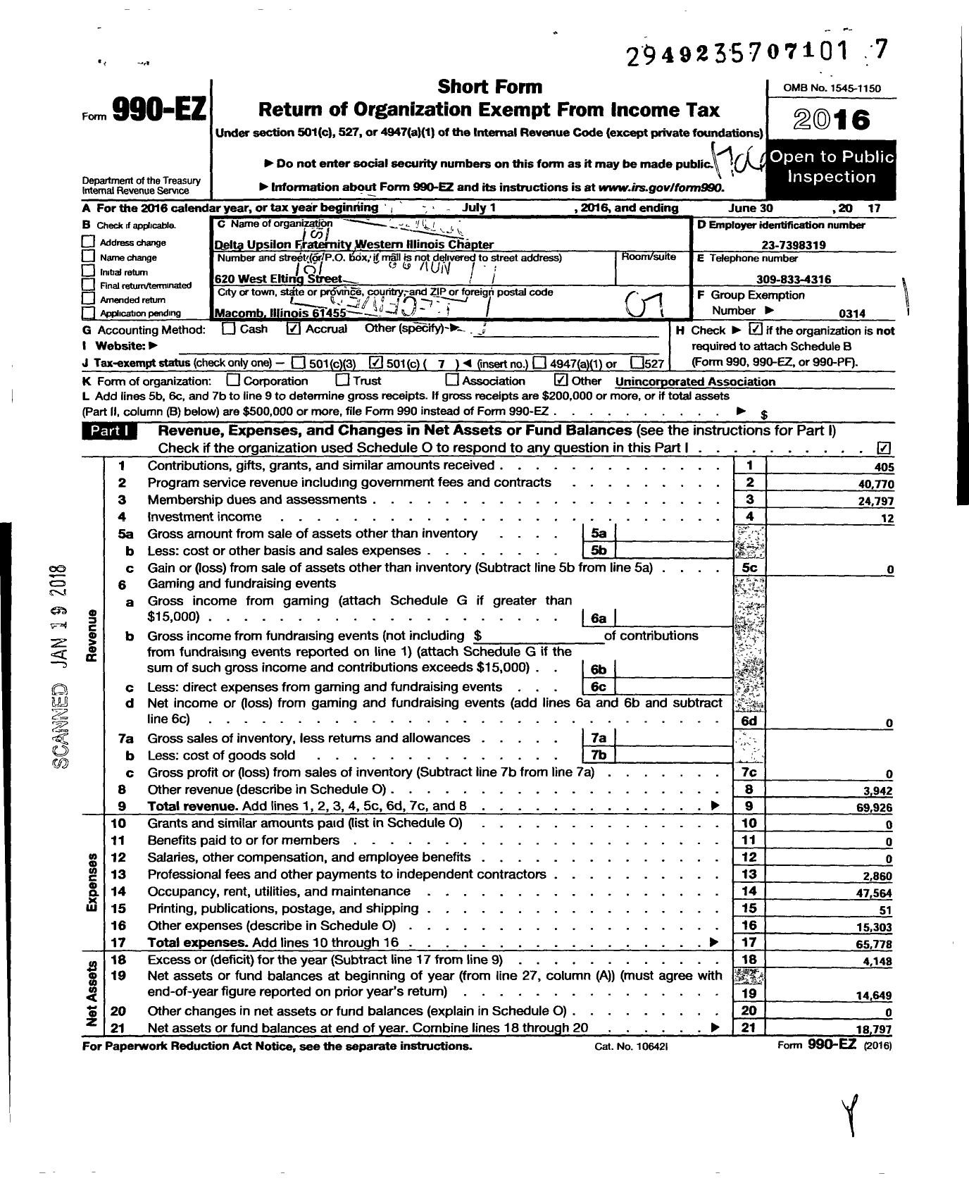 Image of first page of 2016 Form 990EO for Delta Upsilon Fraternity - Western Illinois Chapter