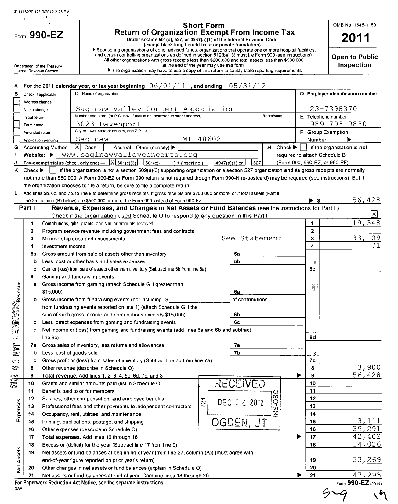 Image of first page of 2011 Form 990EZ for Saginaw Valley Concert Association