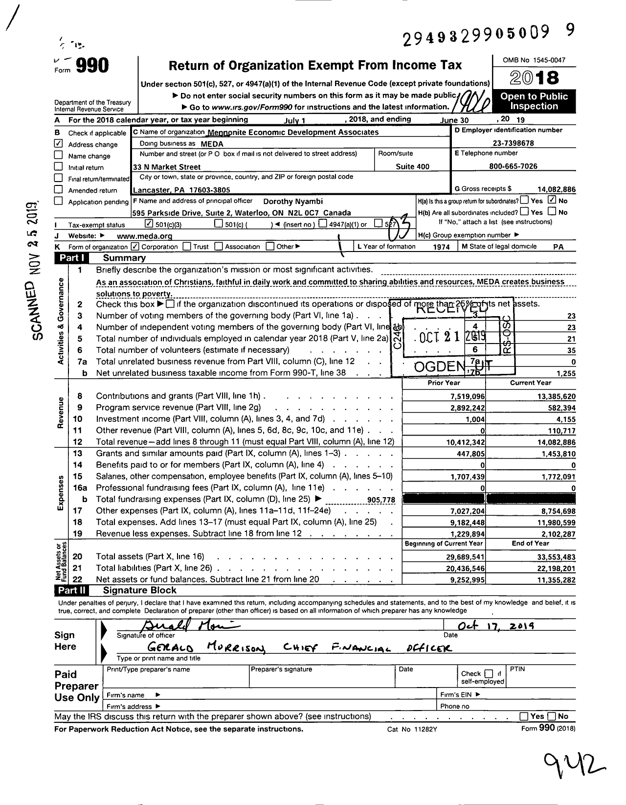 Image of first page of 2018 Form 990 for Mennonite Economic Development Associates (MEDA)