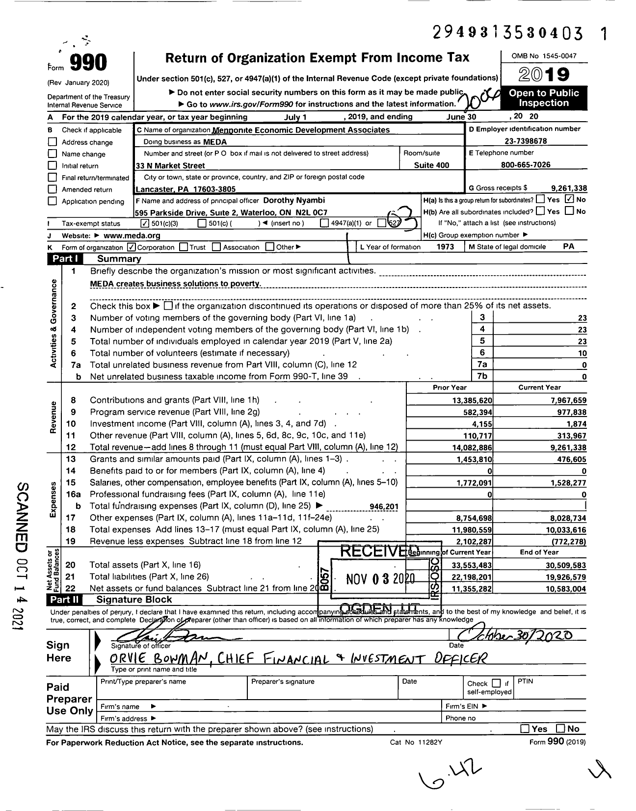 Image of first page of 2019 Form 990 for Mennonite Economic Development Associates (MEDA)