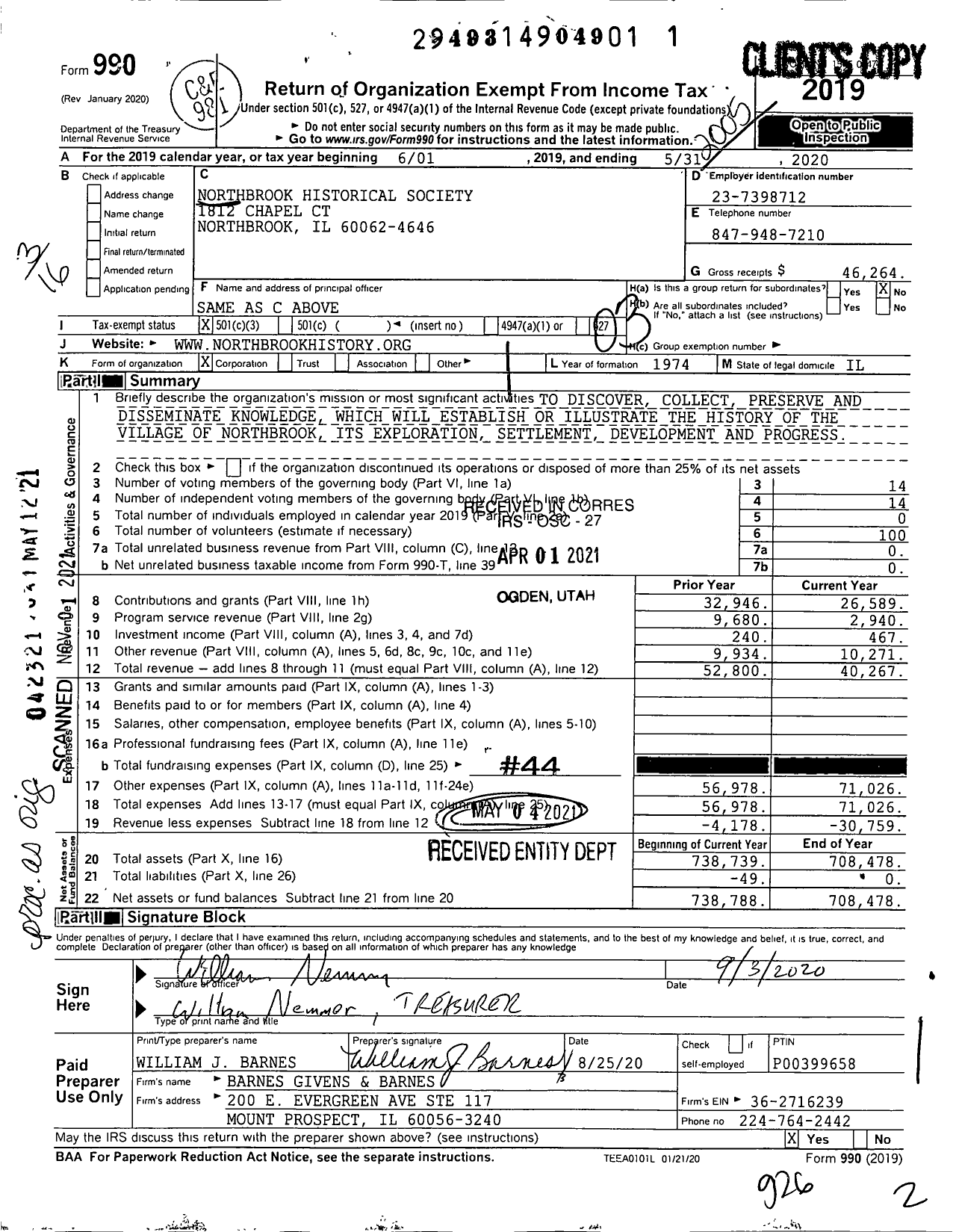 Image of first page of 2019 Form 990 for Northbrook Historical Society