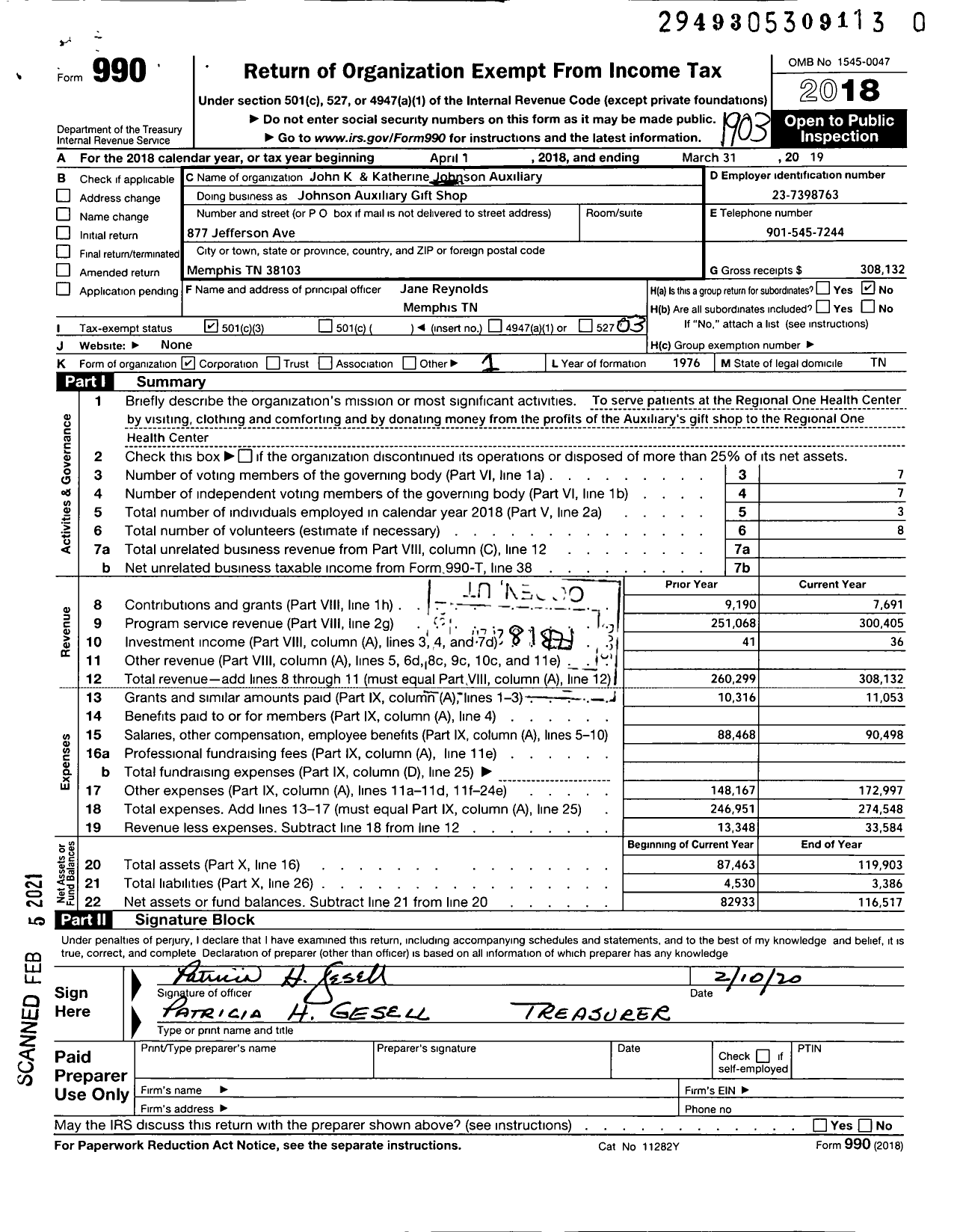 Image of first page of 2018 Form 990 for Johnson Auxiliary Gift Shop