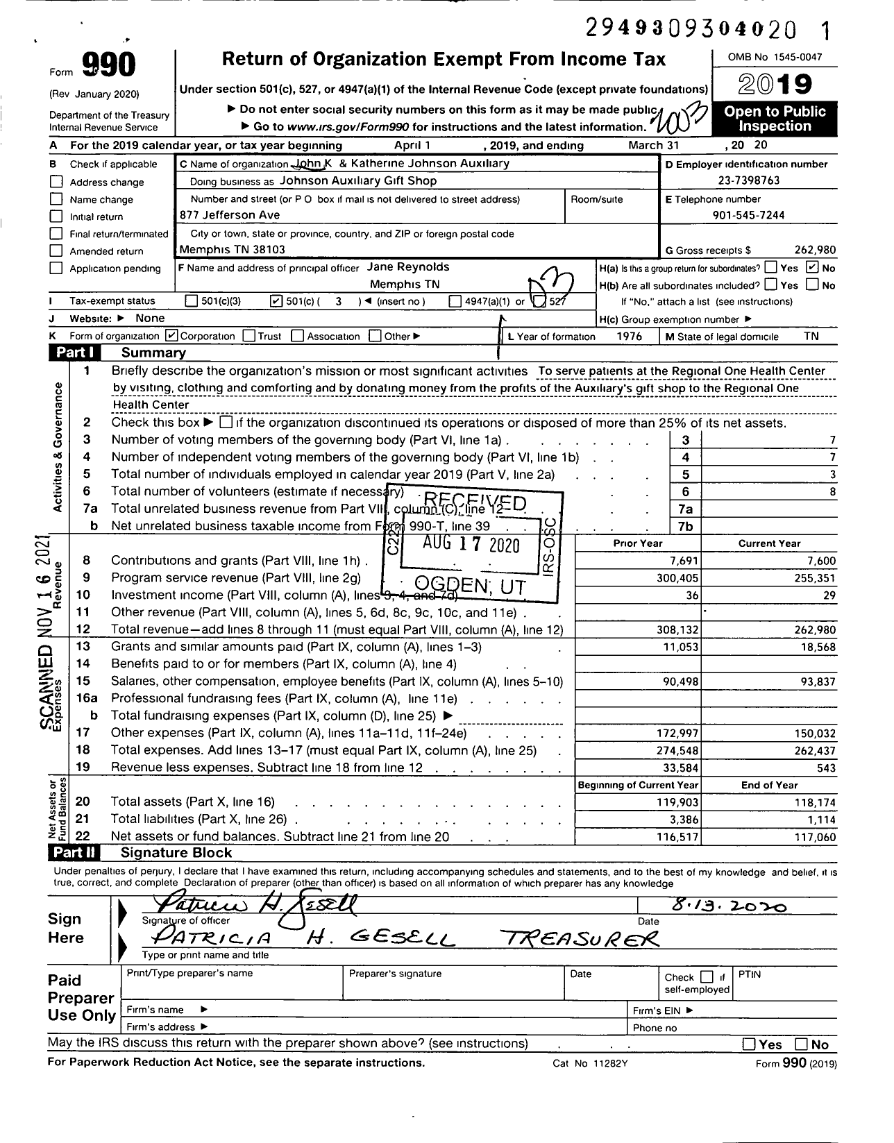 Image of first page of 2019 Form 990 for Johnson Auxiliary Gift Shop