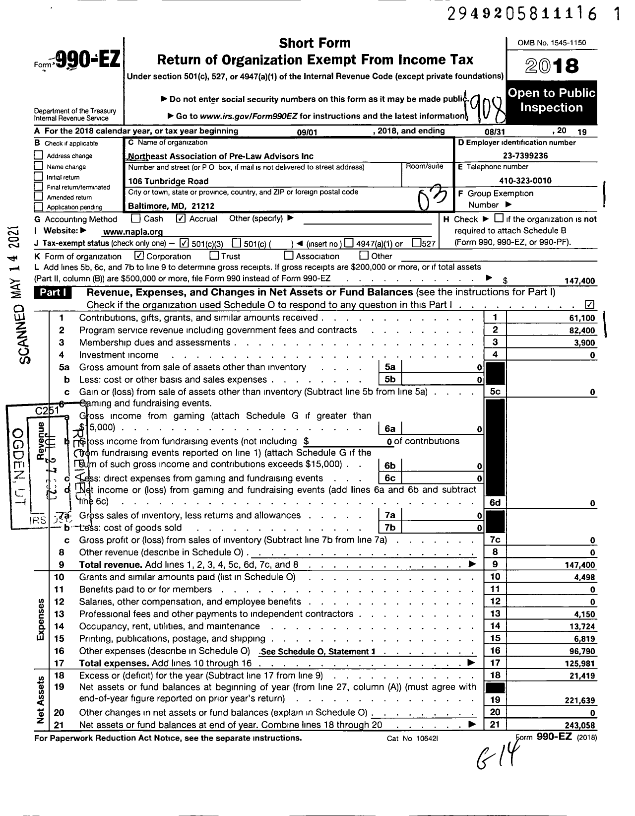 Image of first page of 2018 Form 990EZ for Northeast Association of Pre-Law Advisors