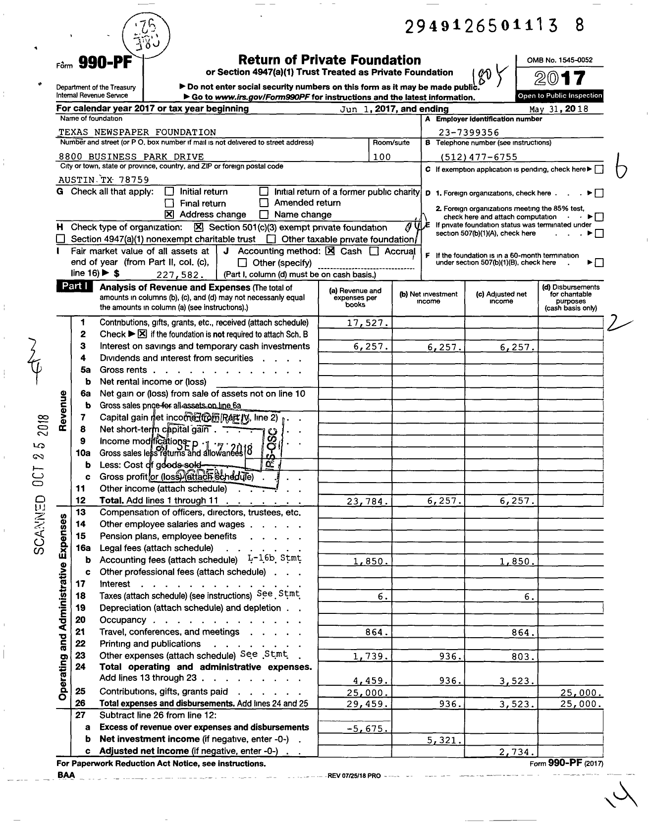 Image of first page of 2017 Form 990PF for Texas Newspaper Foundation