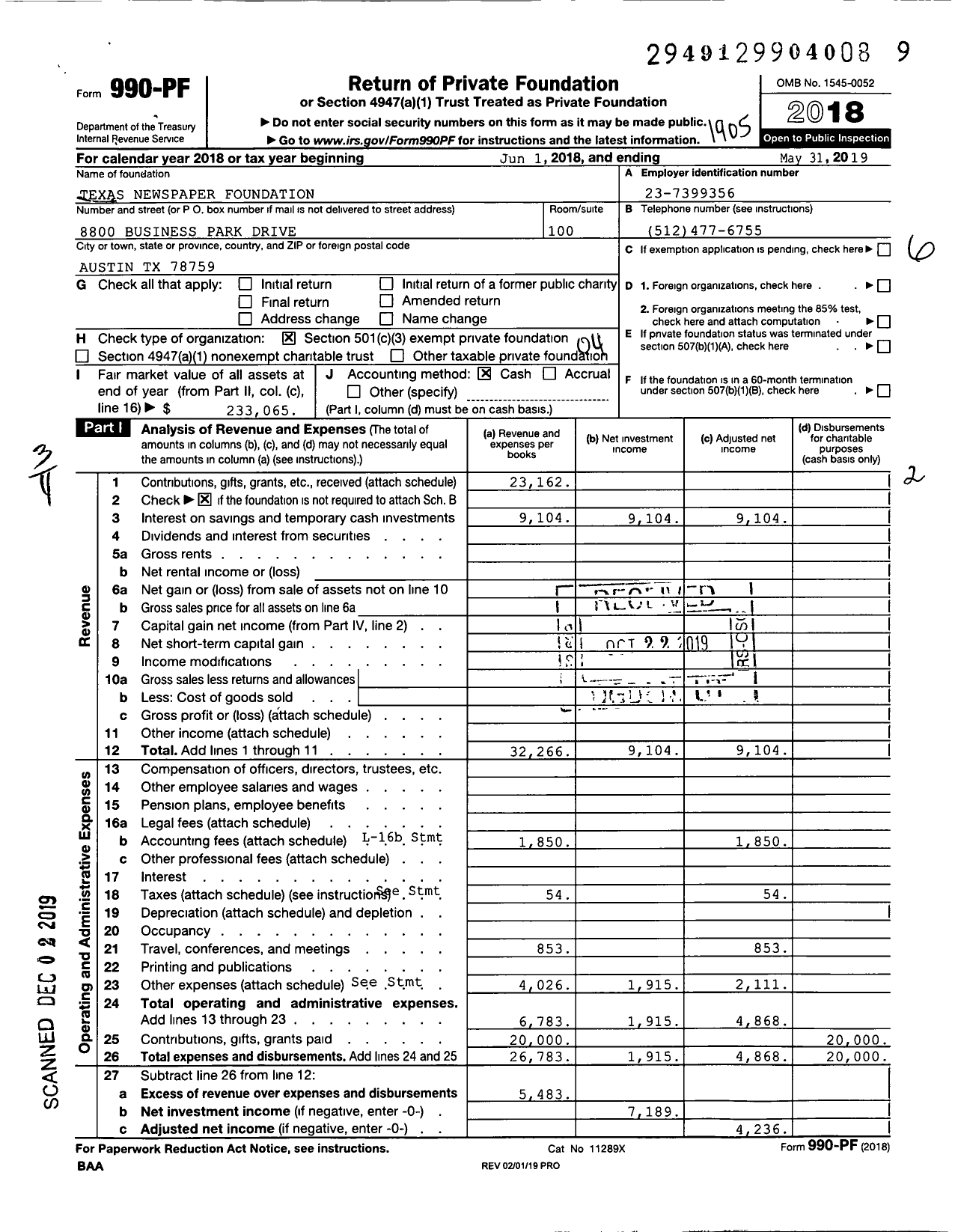 Image of first page of 2018 Form 990PF for Texas Newspaper Foundation