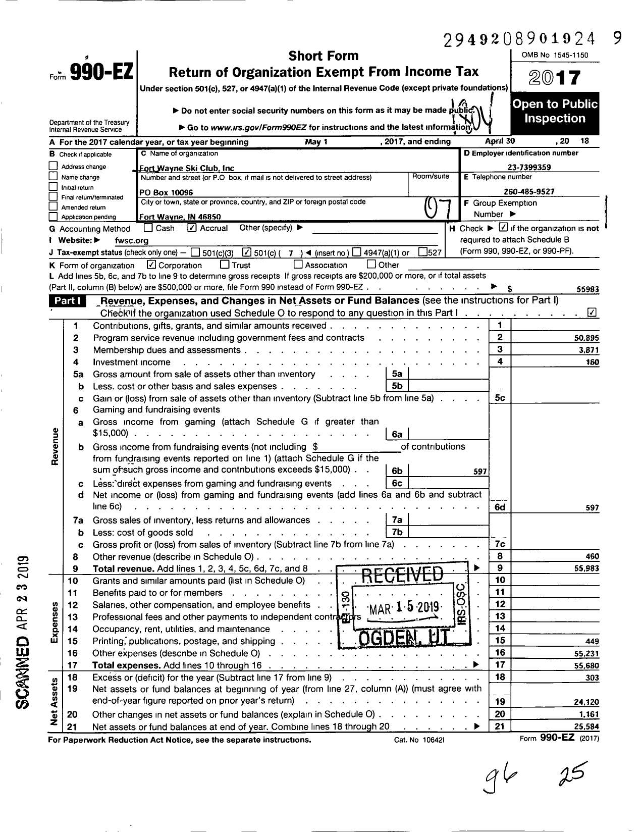 Image of first page of 2017 Form 990EO for Fort Wayne Ski Club