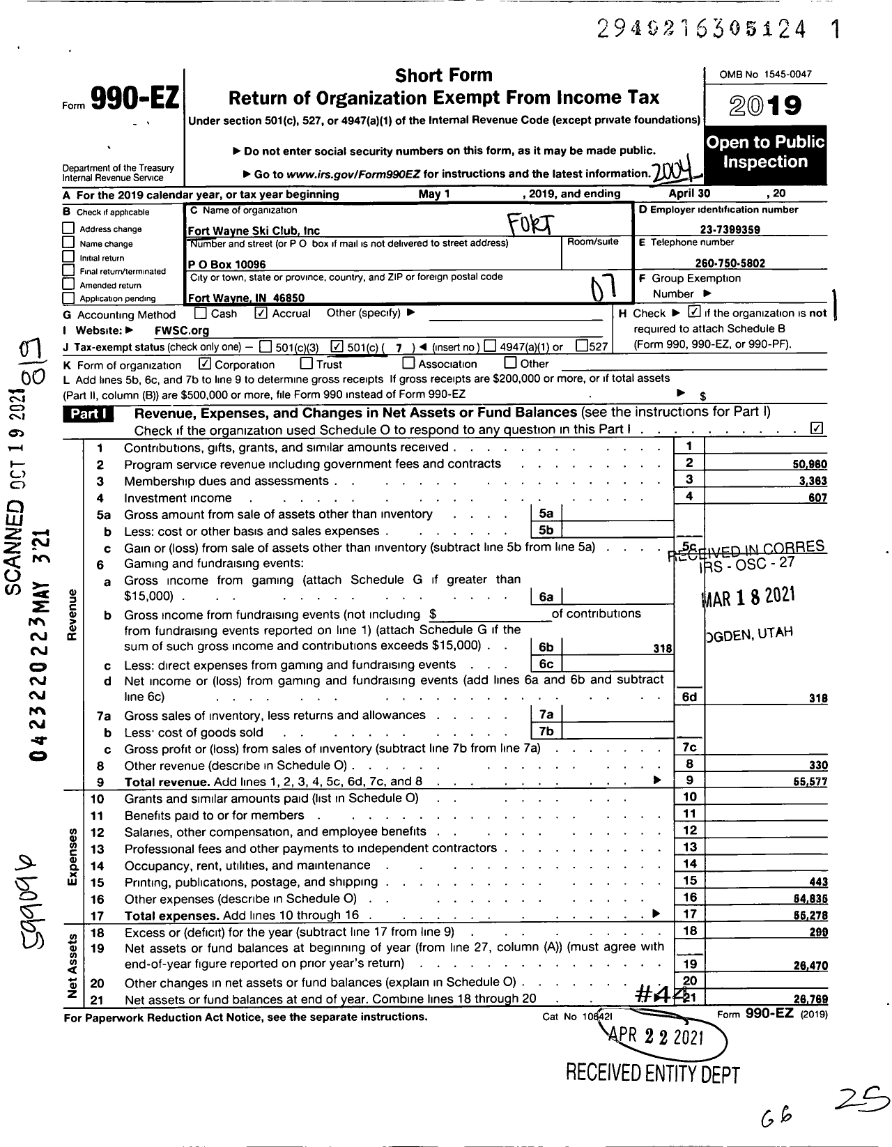 Image of first page of 2019 Form 990EO for Fort Wayne Ski Club