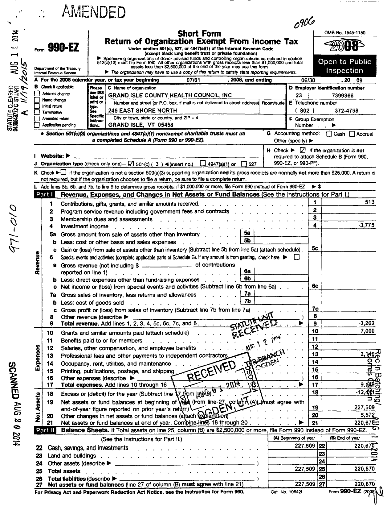 Image of first page of 2008 Form 990EZ for Grand Isle County Health Council