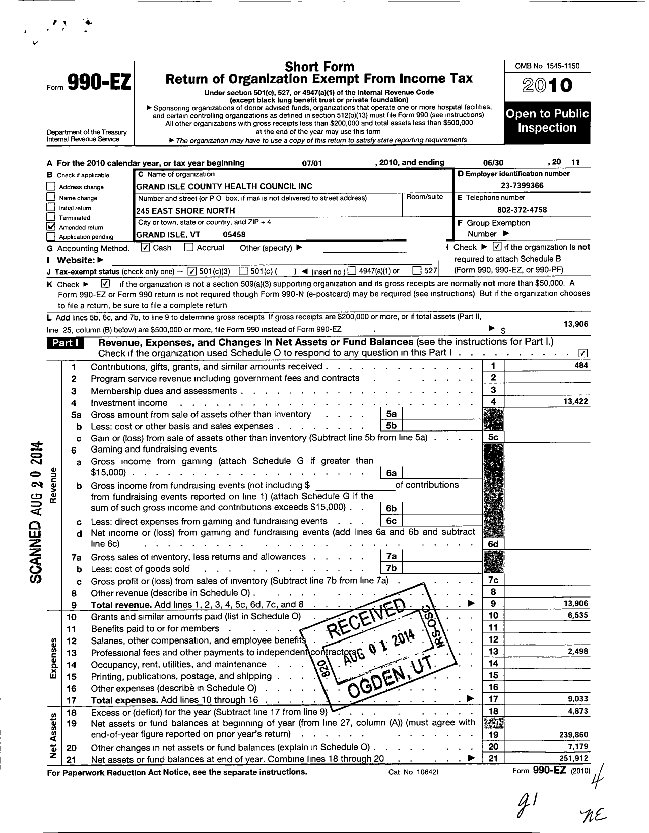 Image of first page of 2010 Form 990EZ for Grand Isle County Health Council