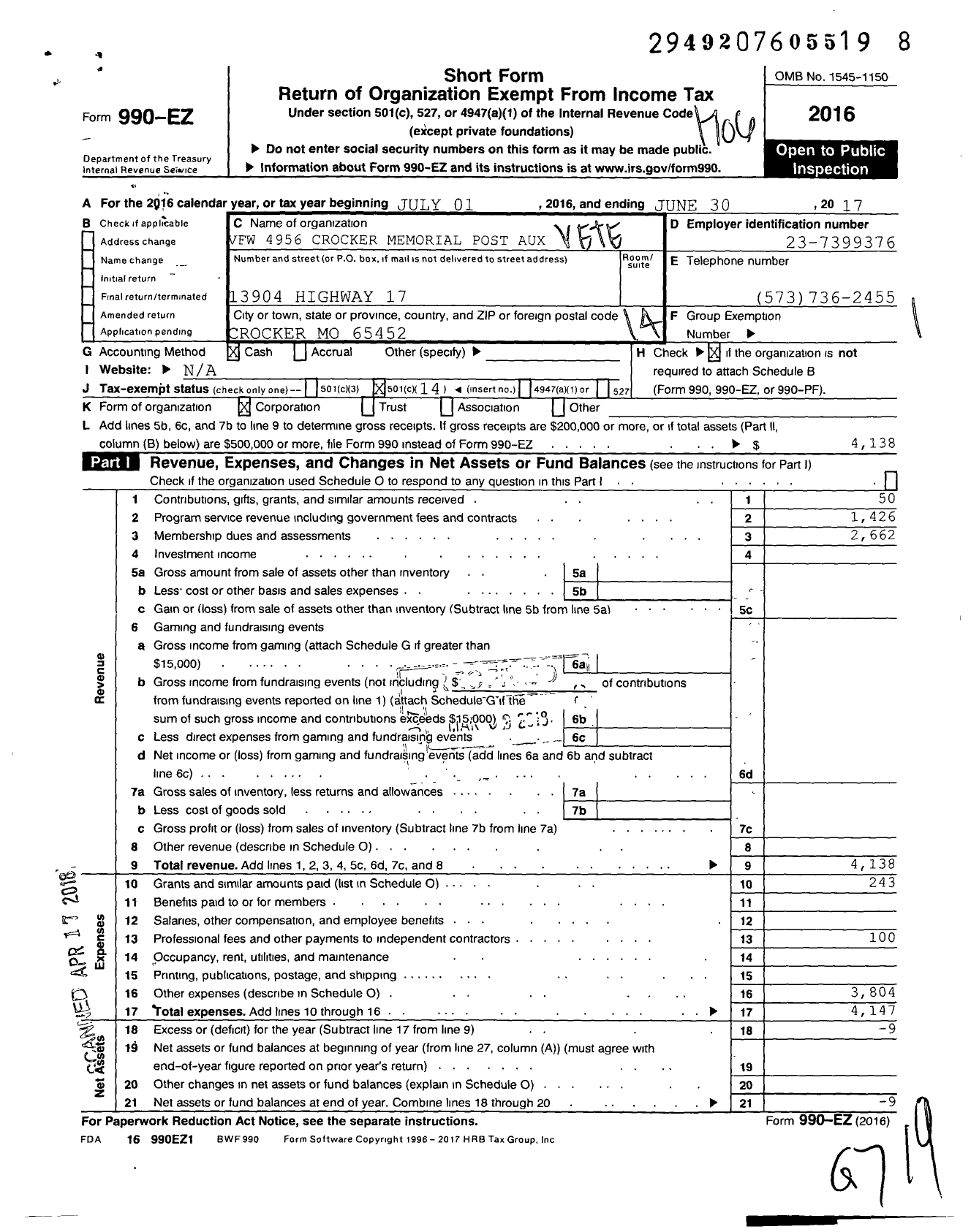 Image of first page of 2016 Form 990EO for VFW Auxiliary Department of Missouri - 4956 VFW Auxiliary