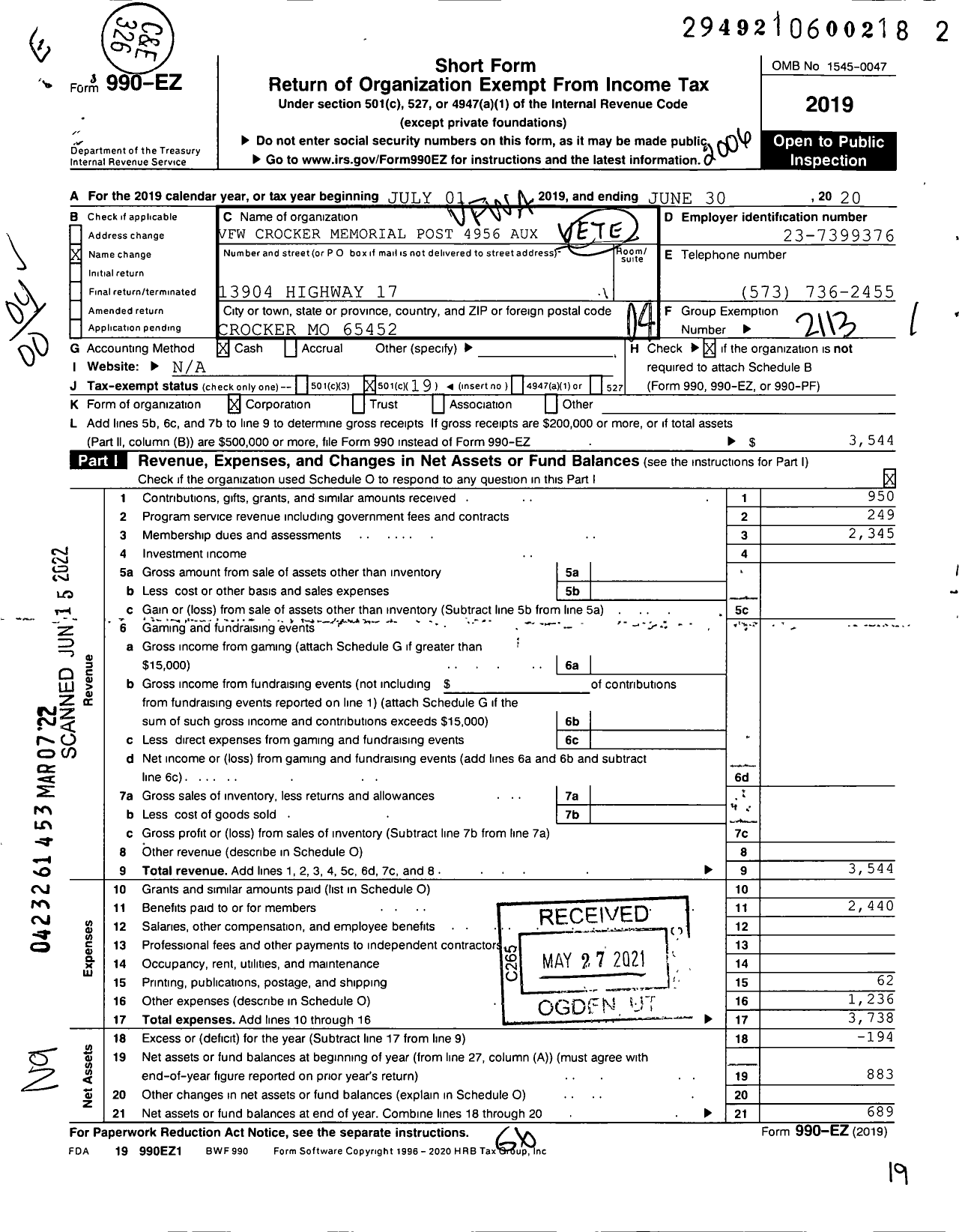 Image of first page of 2019 Form 990EO for VFW Auxiliary Department of Missouri - 4956 VFW Auxiliary