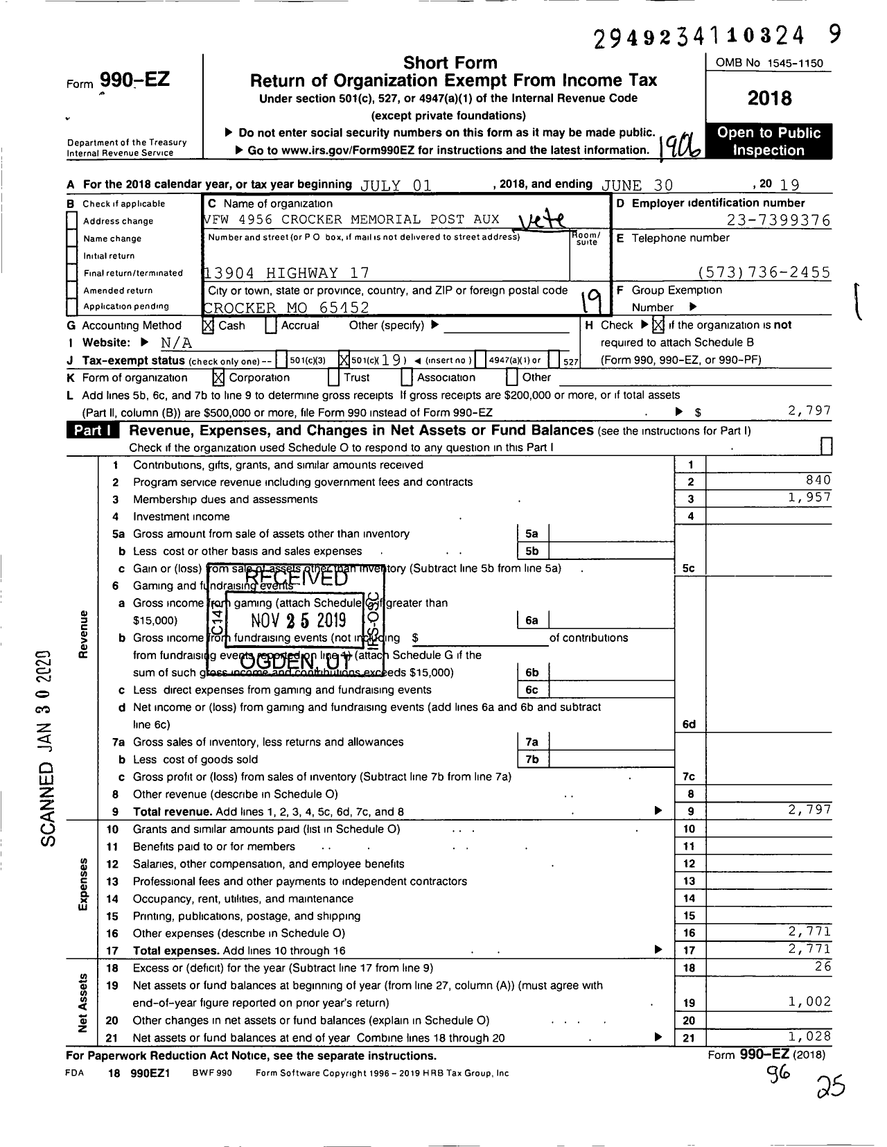 Image of first page of 2018 Form 990EO for VFW Auxiliary Department of Missouri - 4956 VFW Auxiliary