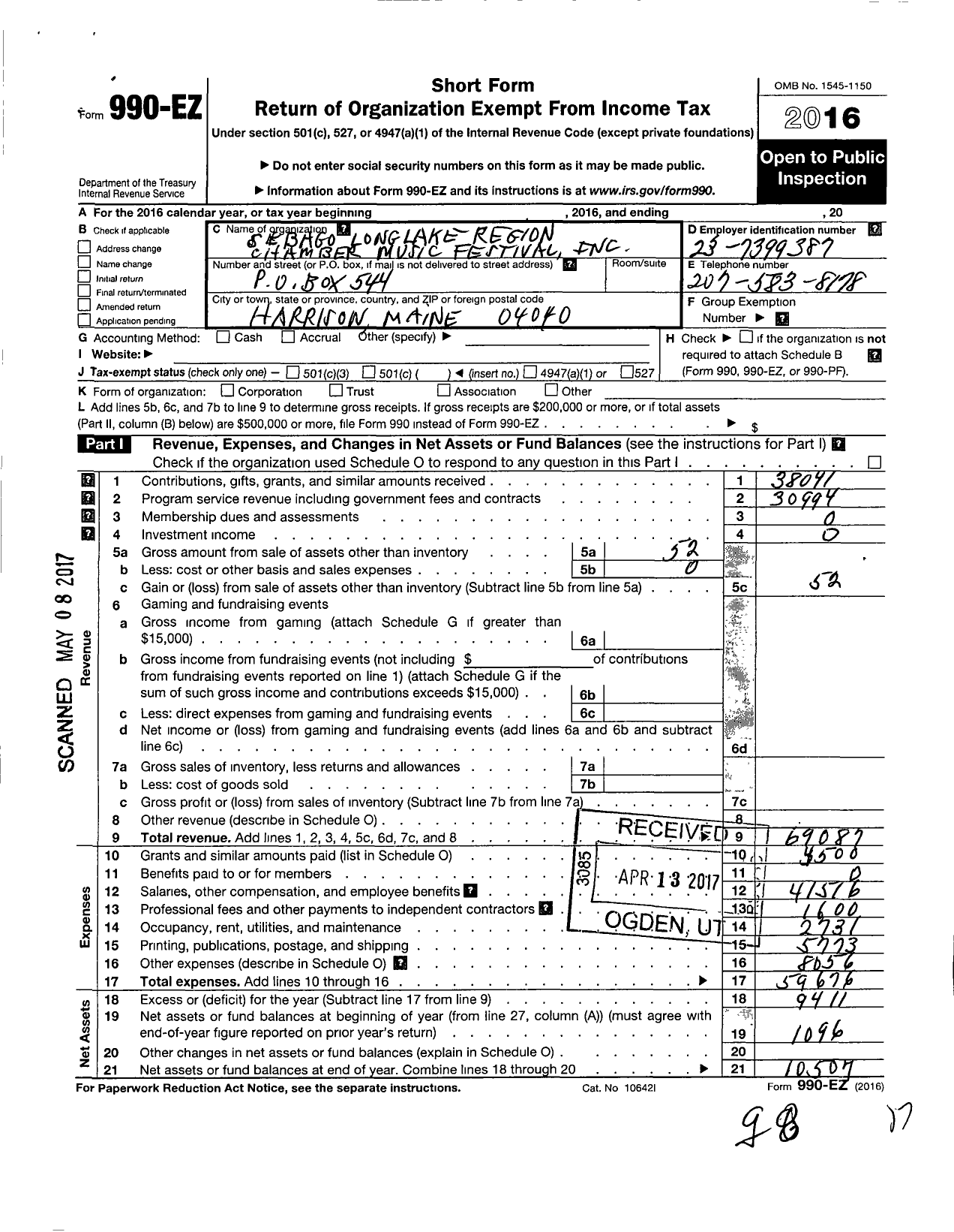 Image of first page of 2016 Form 990EO for Sebago Long Lake Region Chamber Music Festival