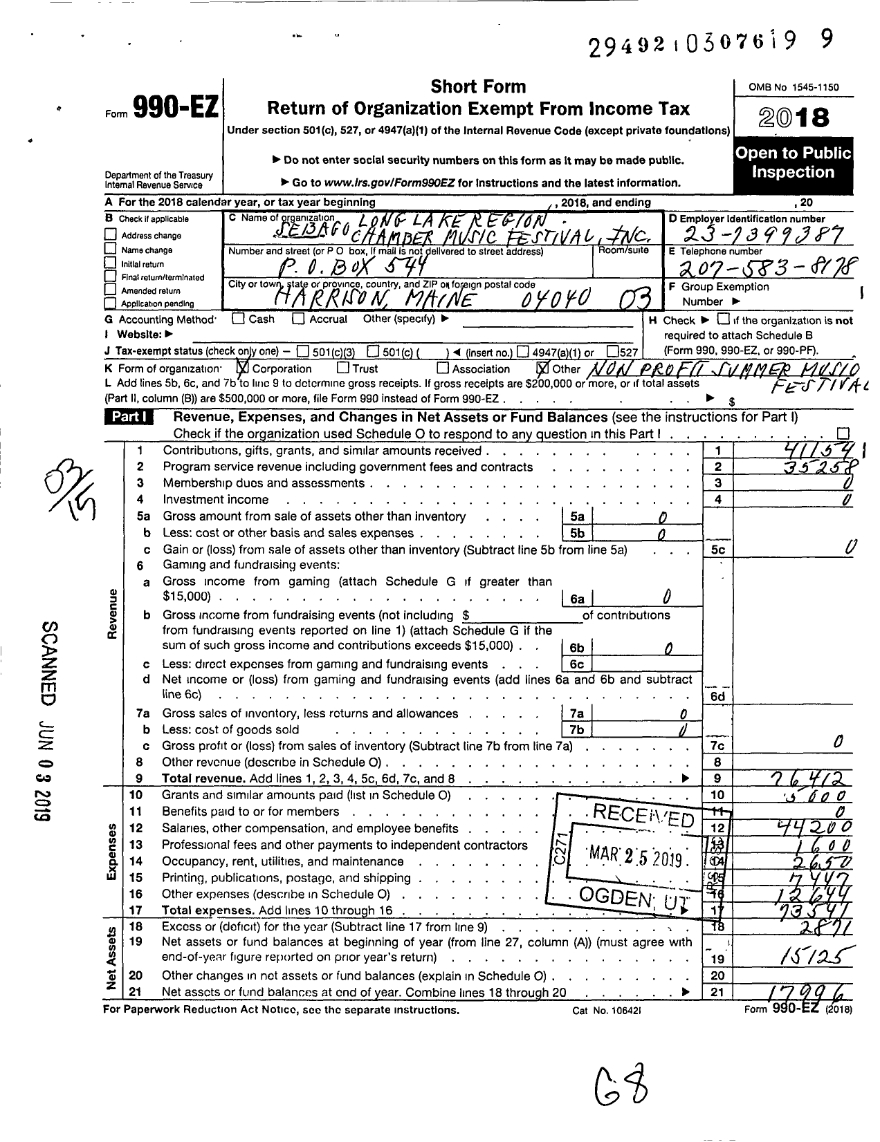 Image of first page of 2018 Form 990EZ for Sebago Long Lake Region Chamber Music Festival