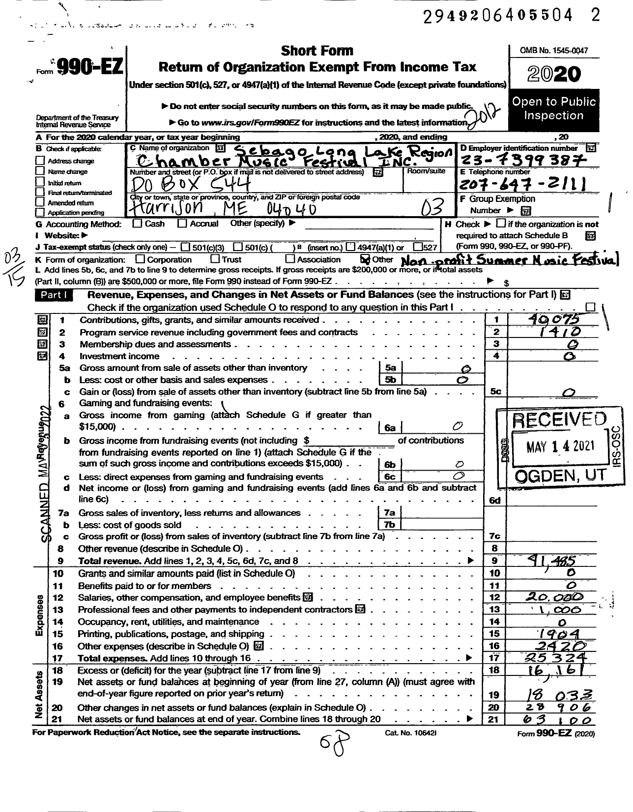 Image of first page of 2020 Form 990EZ for Sebago Long Lake Region Chamber Music Festival