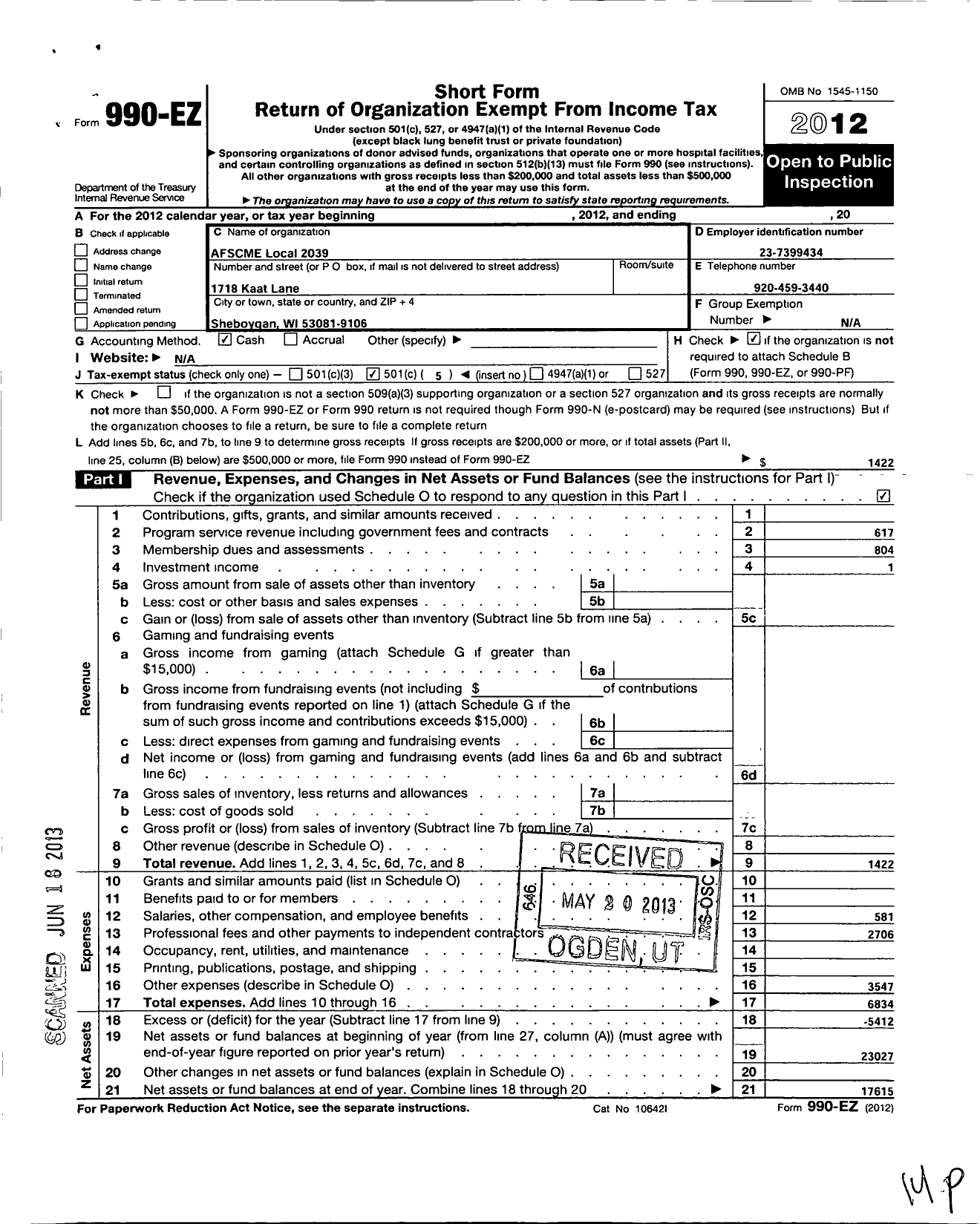 Image of first page of 2012 Form 990EO for American Federation of State County and Municipal Employees