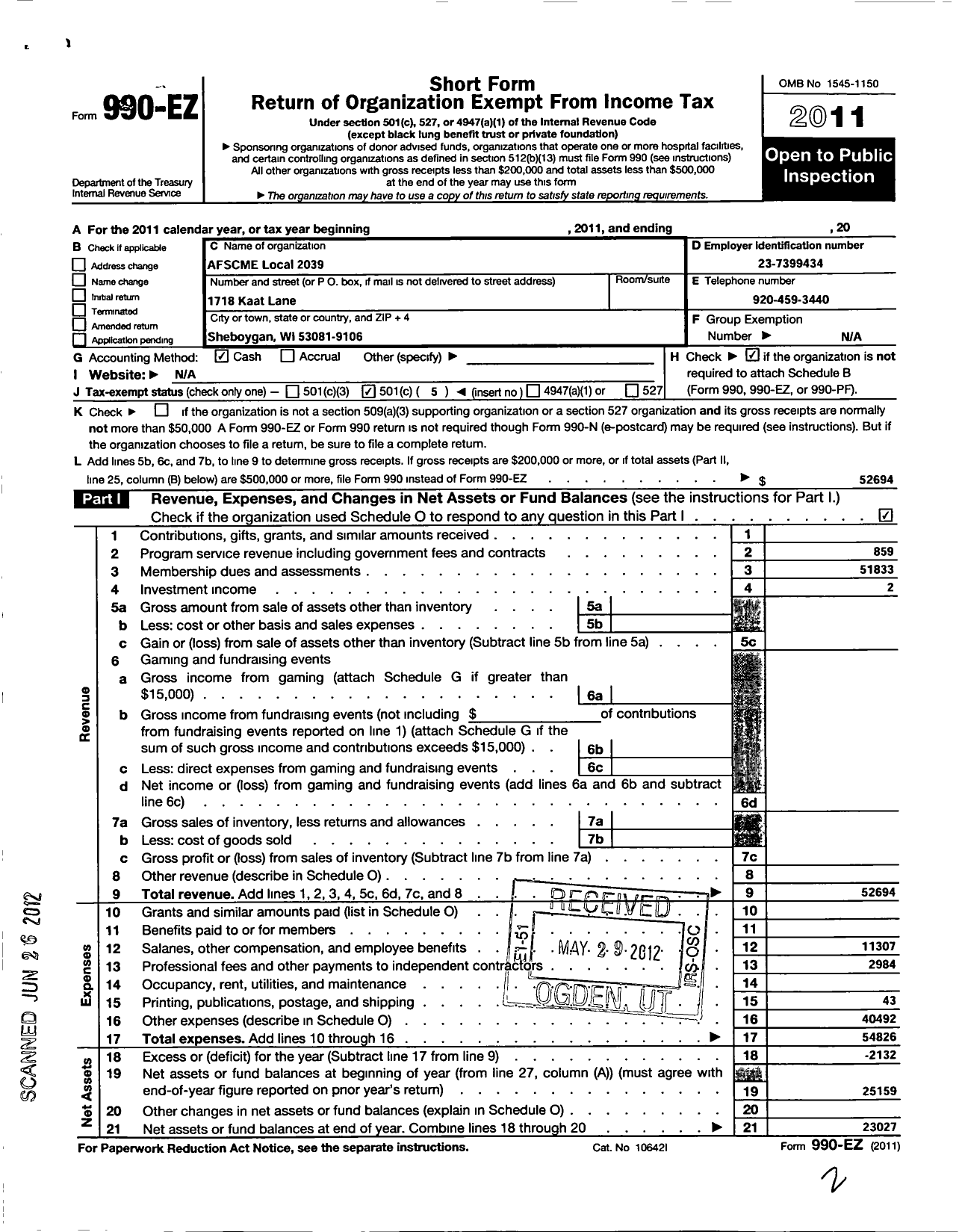 Image of first page of 2011 Form 990EO for American Federation of State County and Municipal Employees