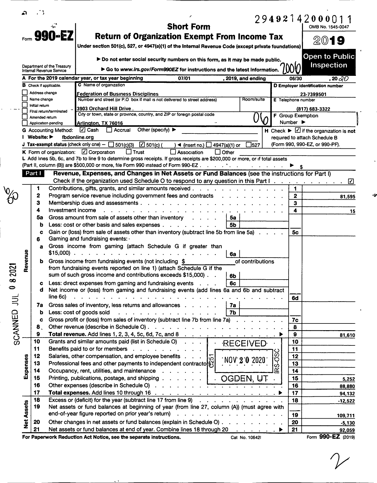 Image of first page of 2019 Form 990EO for Federation of Business Disciplines