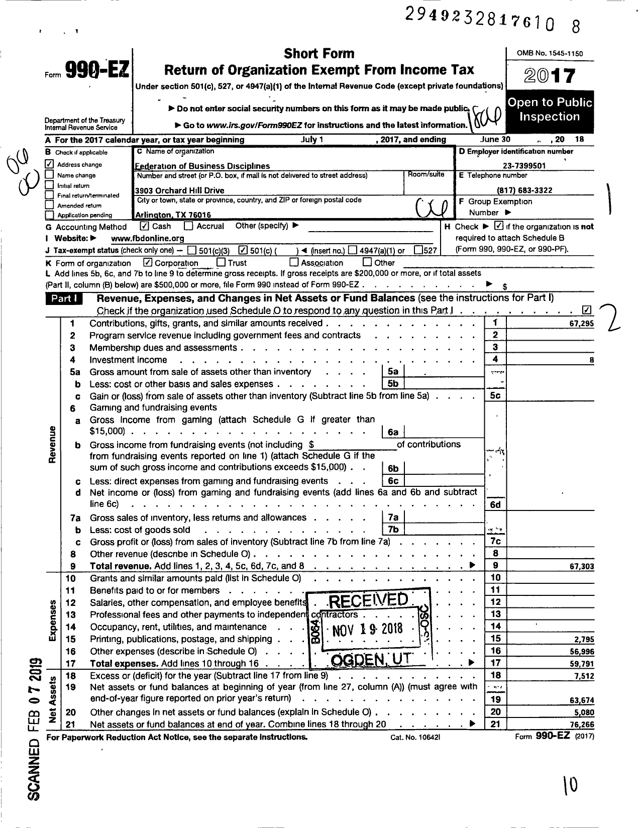 Image of first page of 2017 Form 990EO for Federation of Business Disciplines