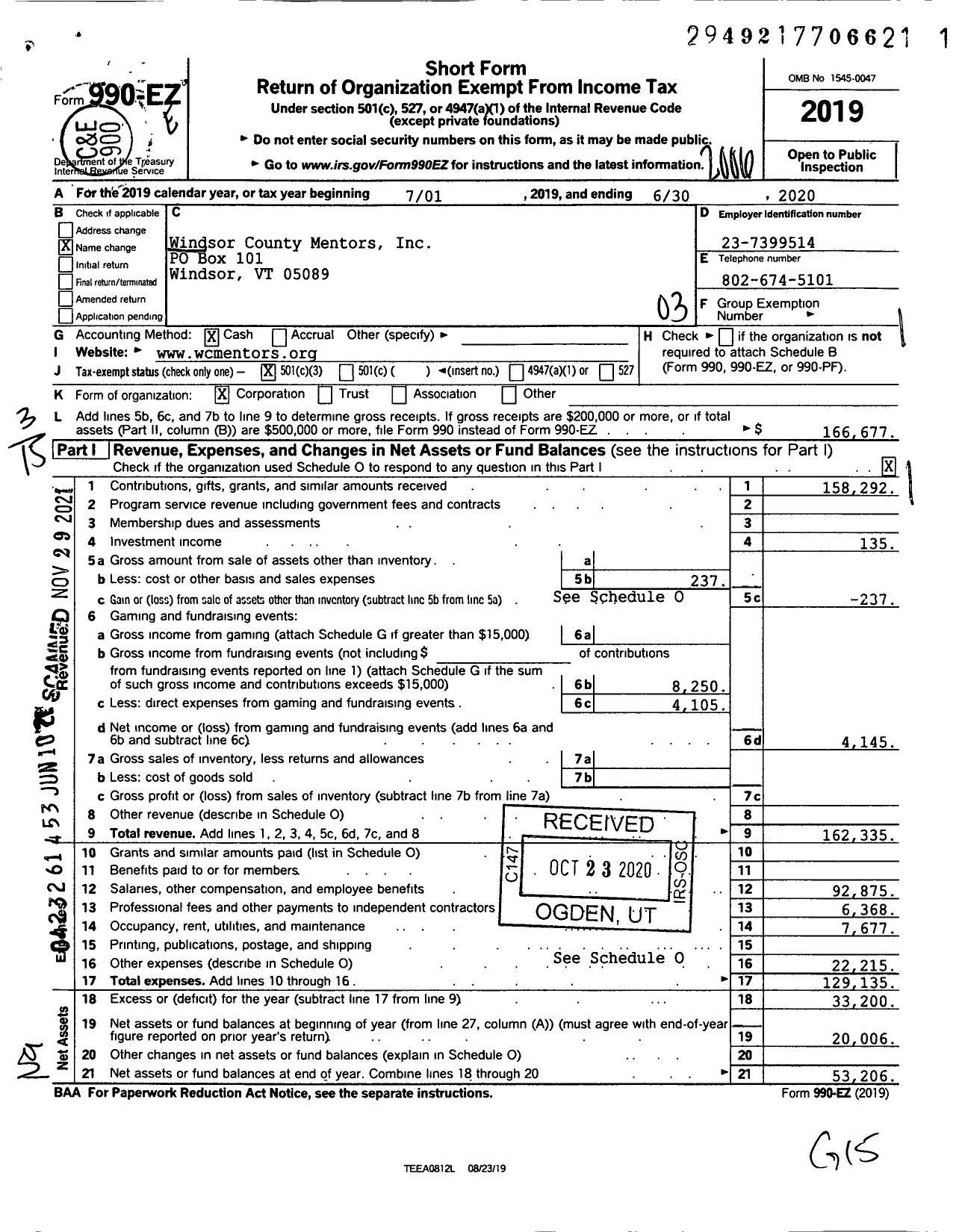 Image of first page of 2019 Form 990EZ for Windsor County Mentors