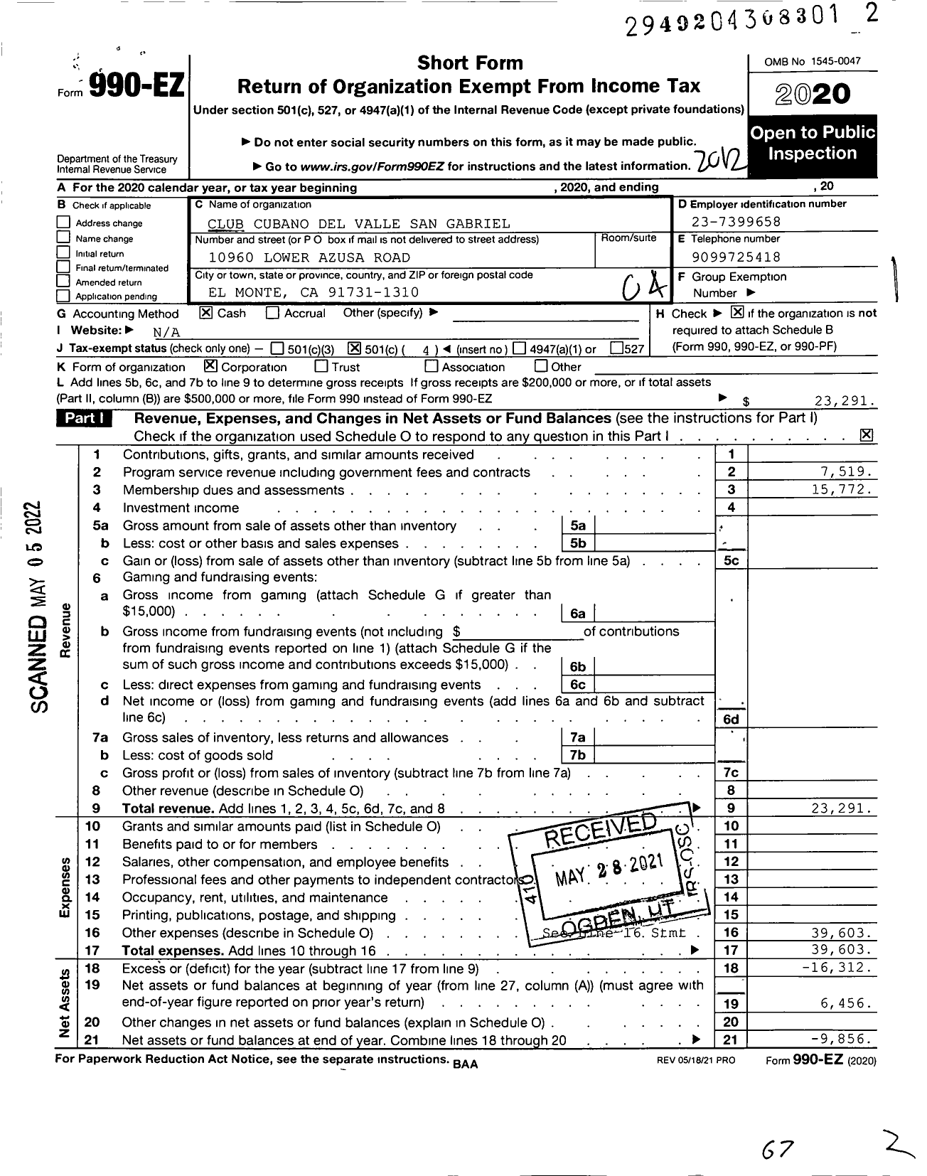 Image of first page of 2020 Form 990EO for Club Cubano Del Valle San Gabriel