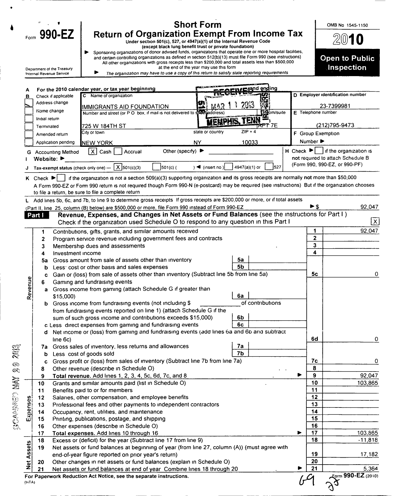 Image of first page of 2010 Form 990EZ for Immigrants Aid Foundation