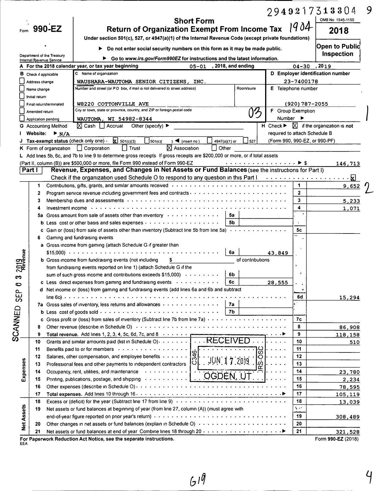 Image of first page of 2018 Form 990EZ for Wautoma Senior Citizens