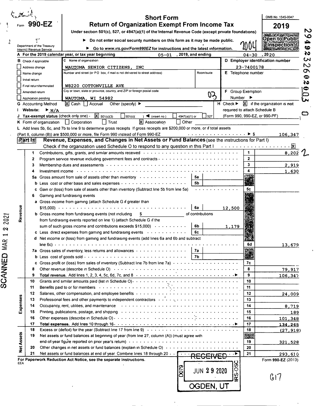 Image of first page of 2019 Form 990EZ for Wautoma Senior Citizens