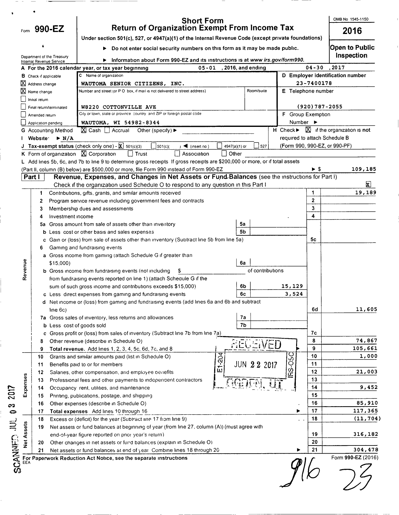 Image of first page of 2016 Form 990EZ for Wautoma Senior Citizens