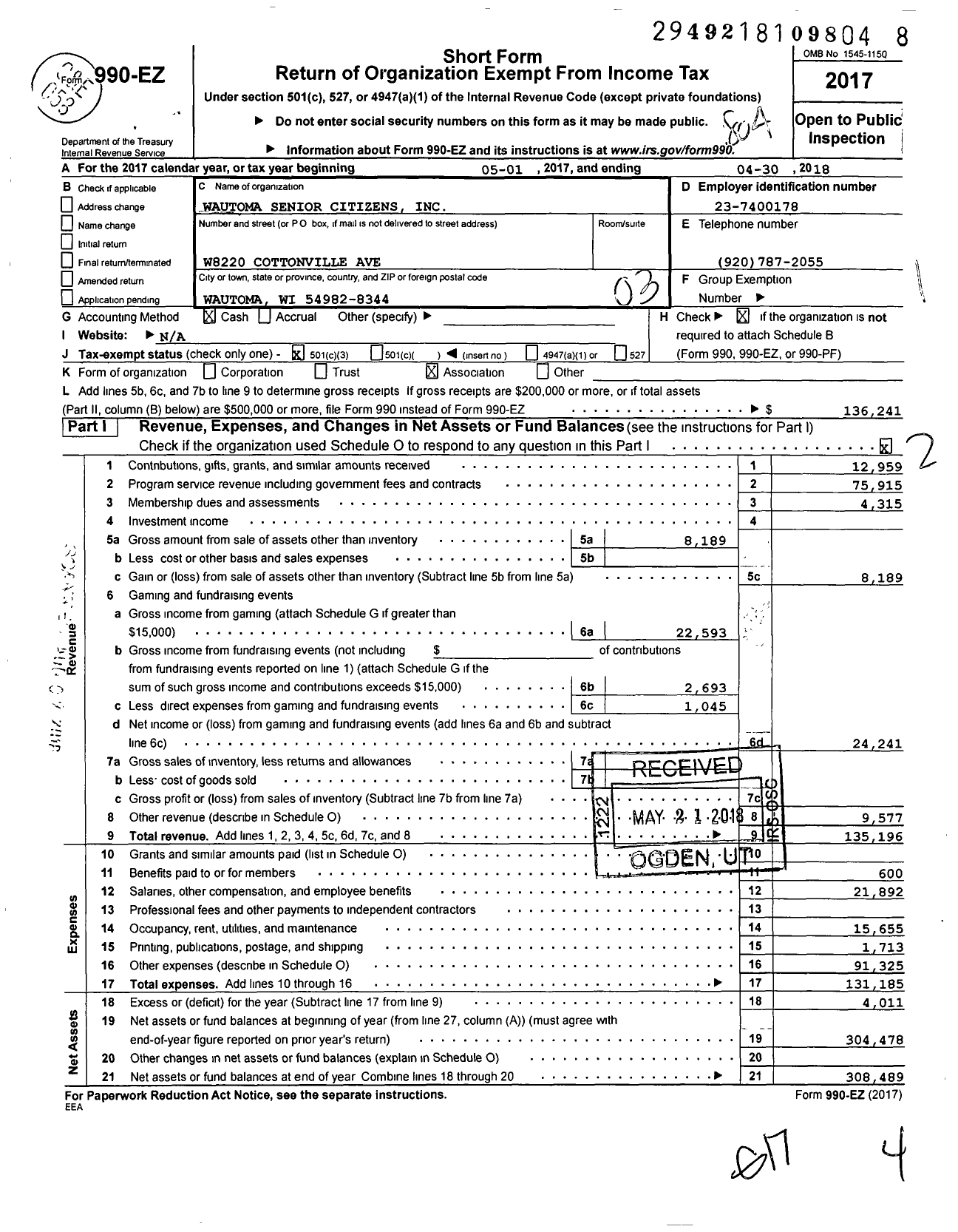 Image of first page of 2017 Form 990EZ for Wautoma Senior Citizens