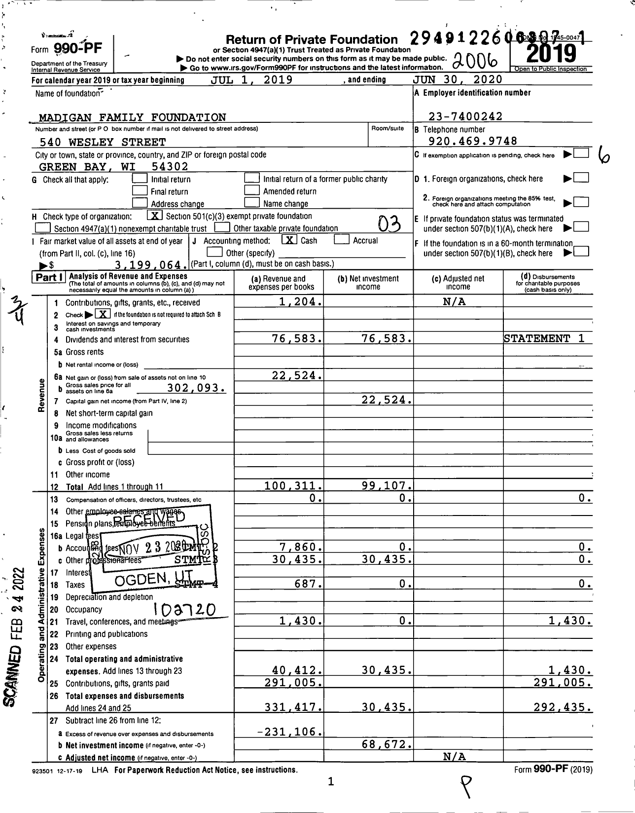 Image of first page of 2019 Form 990PF for Madigan Family Foundation