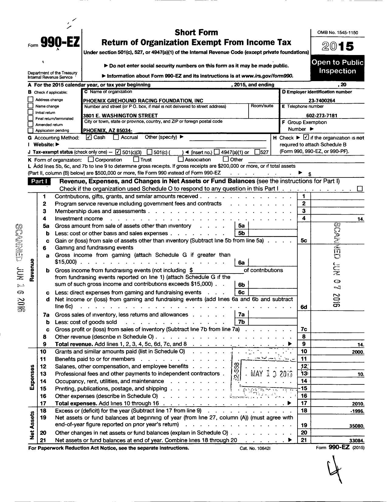 Image of first page of 2015 Form 990EZ for Phoenix Greyhound Racing Foundation