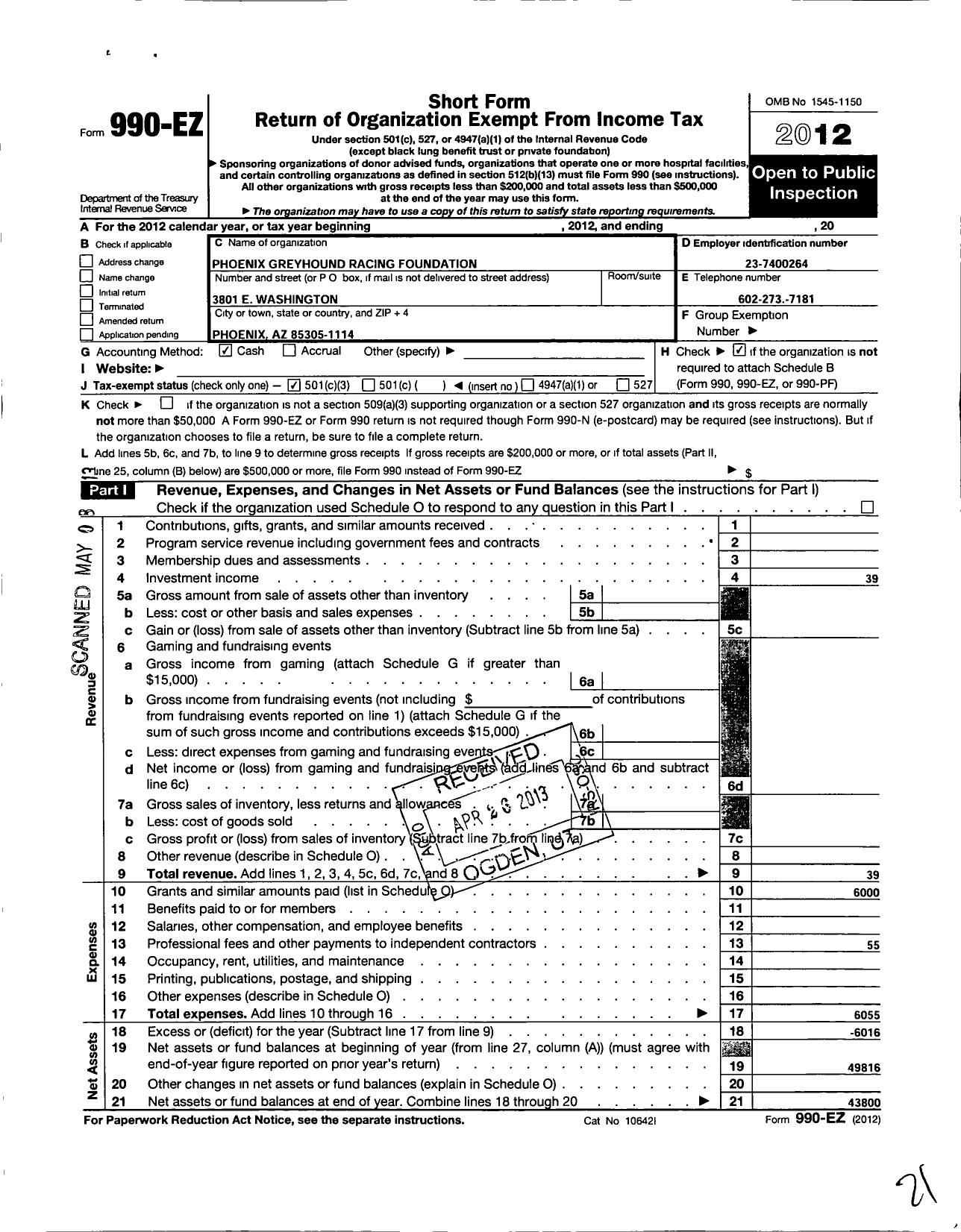 Image of first page of 2012 Form 990EZ for Phoenix Greyhound Racing Foundation