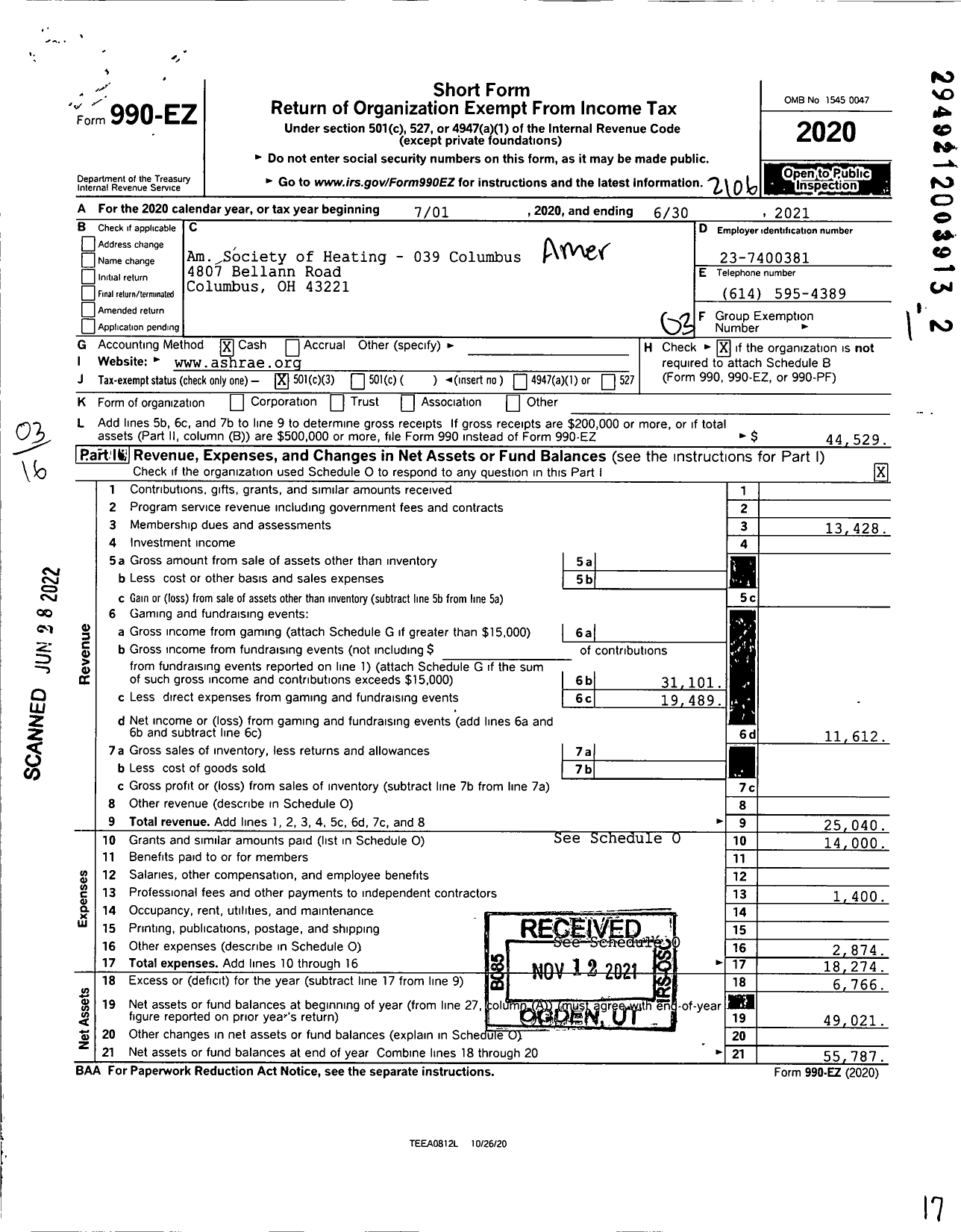 Image of first page of 2020 Form 990EZ for Am Society of Heating - 039 Columbus