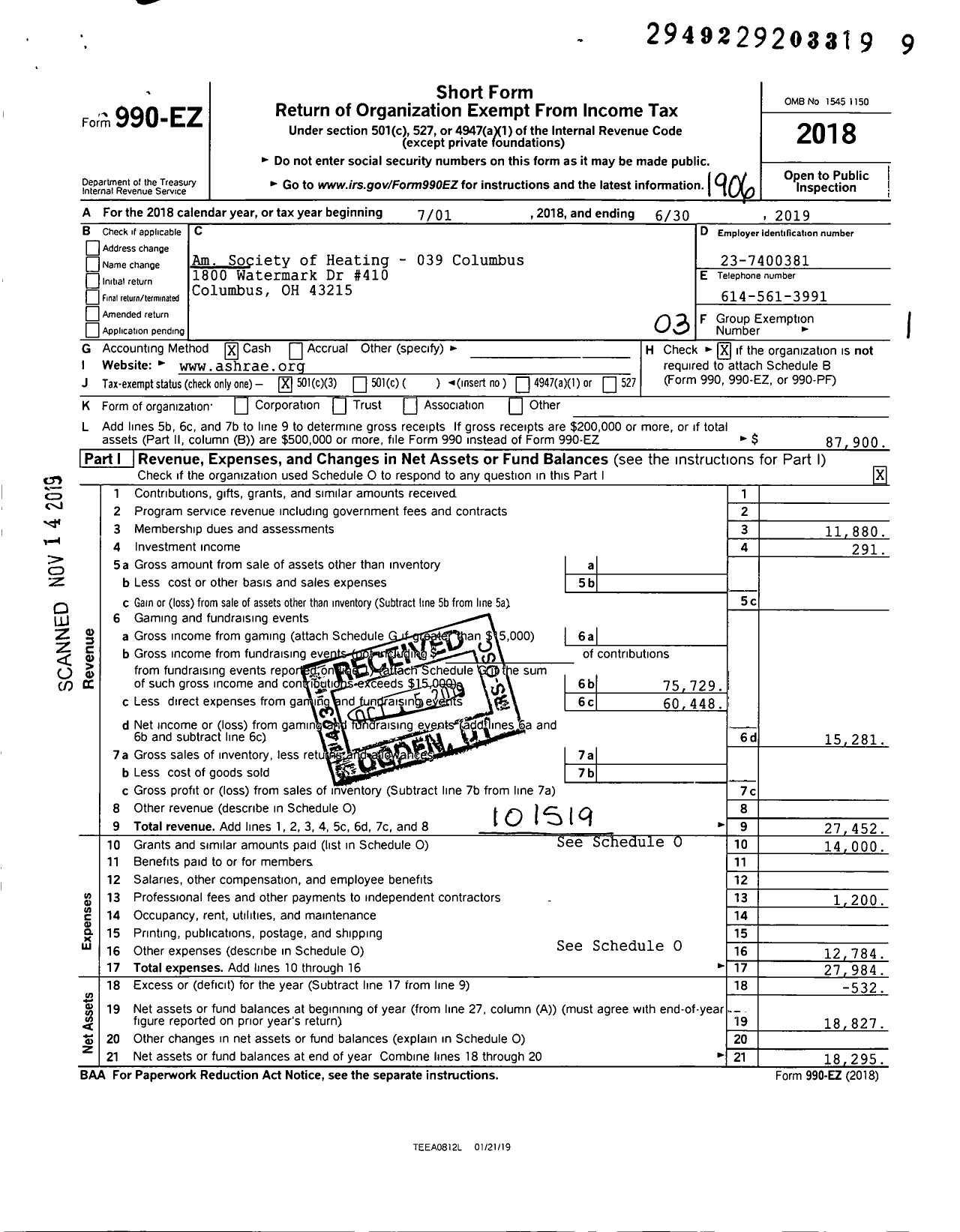 Image of first page of 2018 Form 990EZ for Am Society of Heating - 039 Columbus