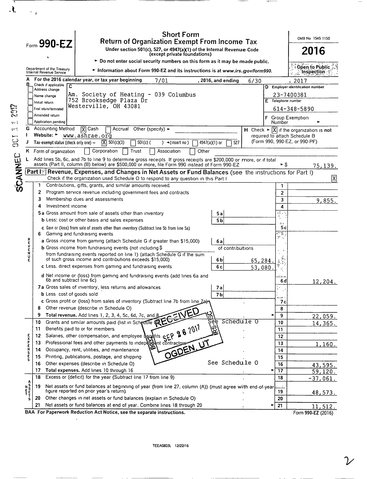 Image of first page of 2016 Form 990EZ for Am Society of Heating - 039 Columbus