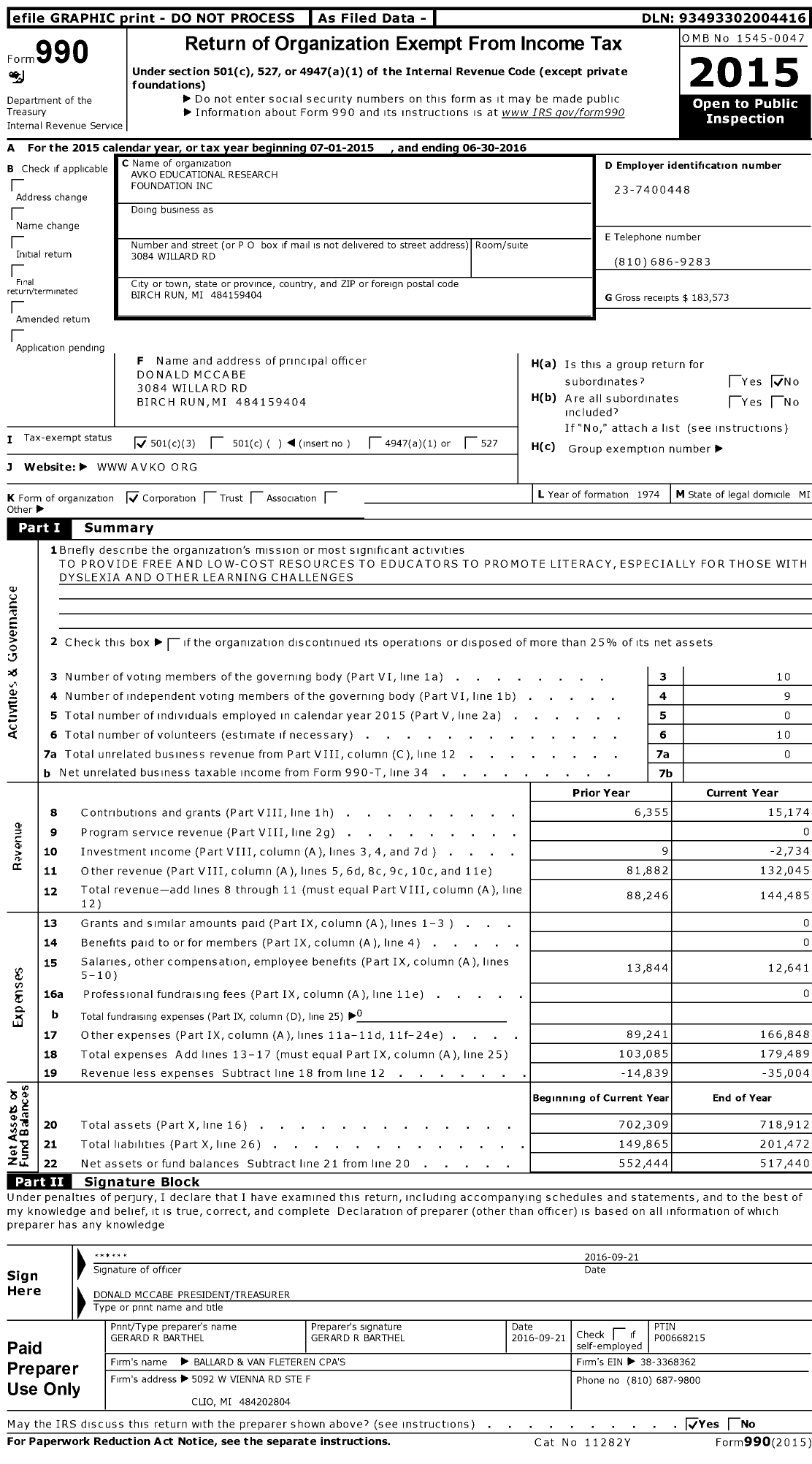 Image of first page of 2015 Form 990 for Avko Educational Research Foundation