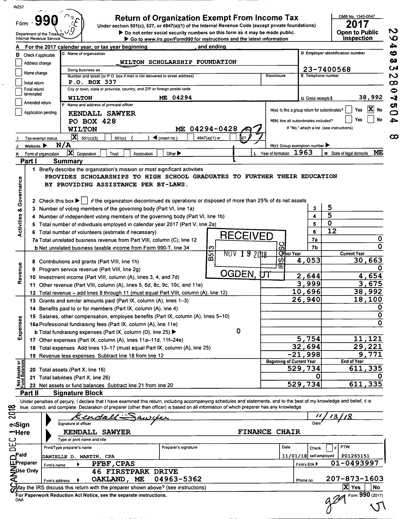 Image of first page of 2017 Form 990 for Wilton Scholarship Foundation