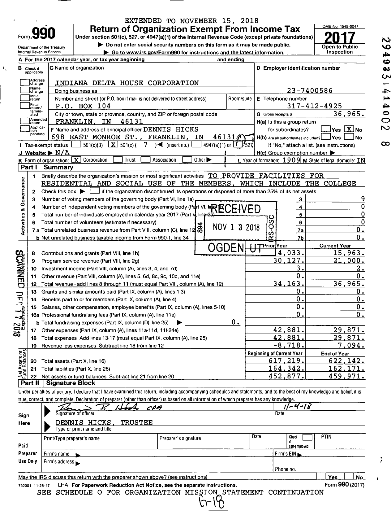 Image of first page of 2017 Form 990O for Indiana Delta House Corporation