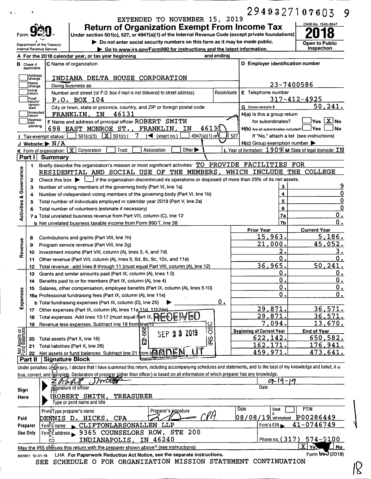 Image of first page of 2018 Form 990O for Indiana Delta House Corporation