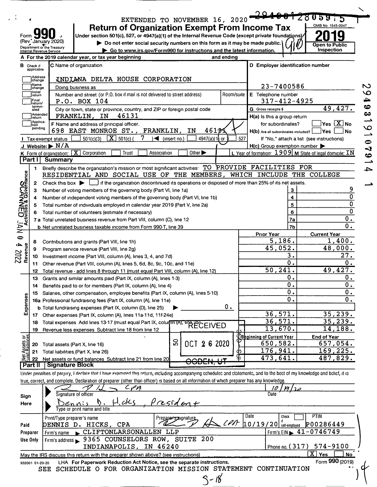 Image of first page of 2019 Form 990O for Indiana Delta House Corporation