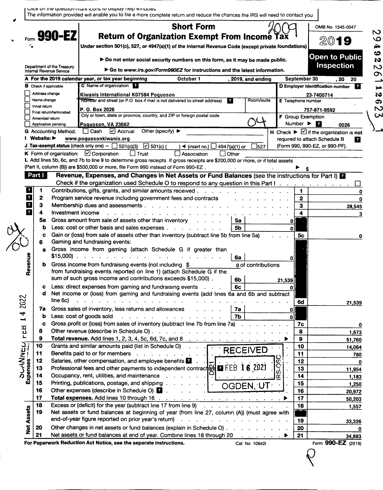 Image of first page of 2019 Form 990EO for Kiwanis International K07584 Poquoson