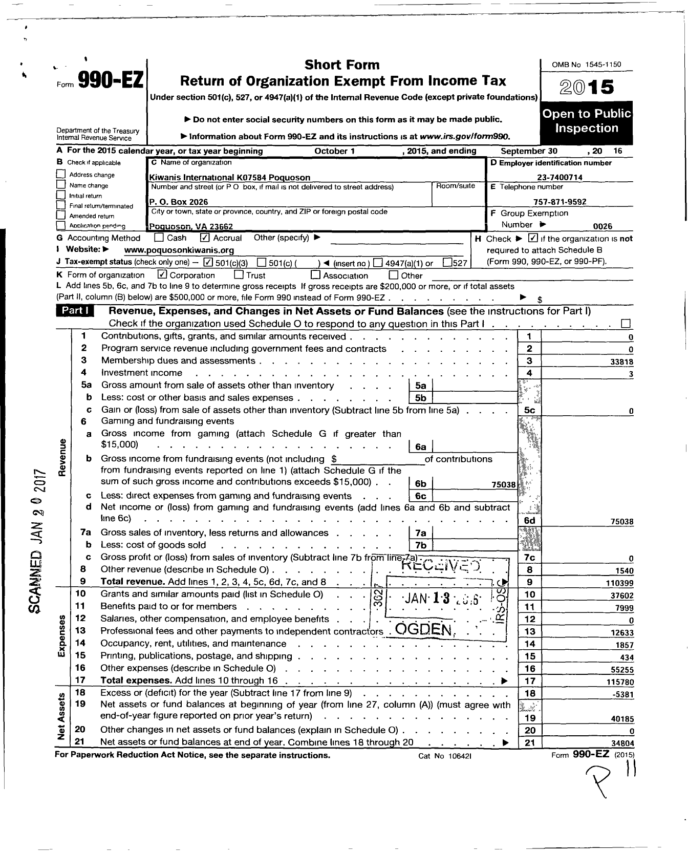 Image of first page of 2015 Form 990EZ for Kiwanis International K07584 Poquoson