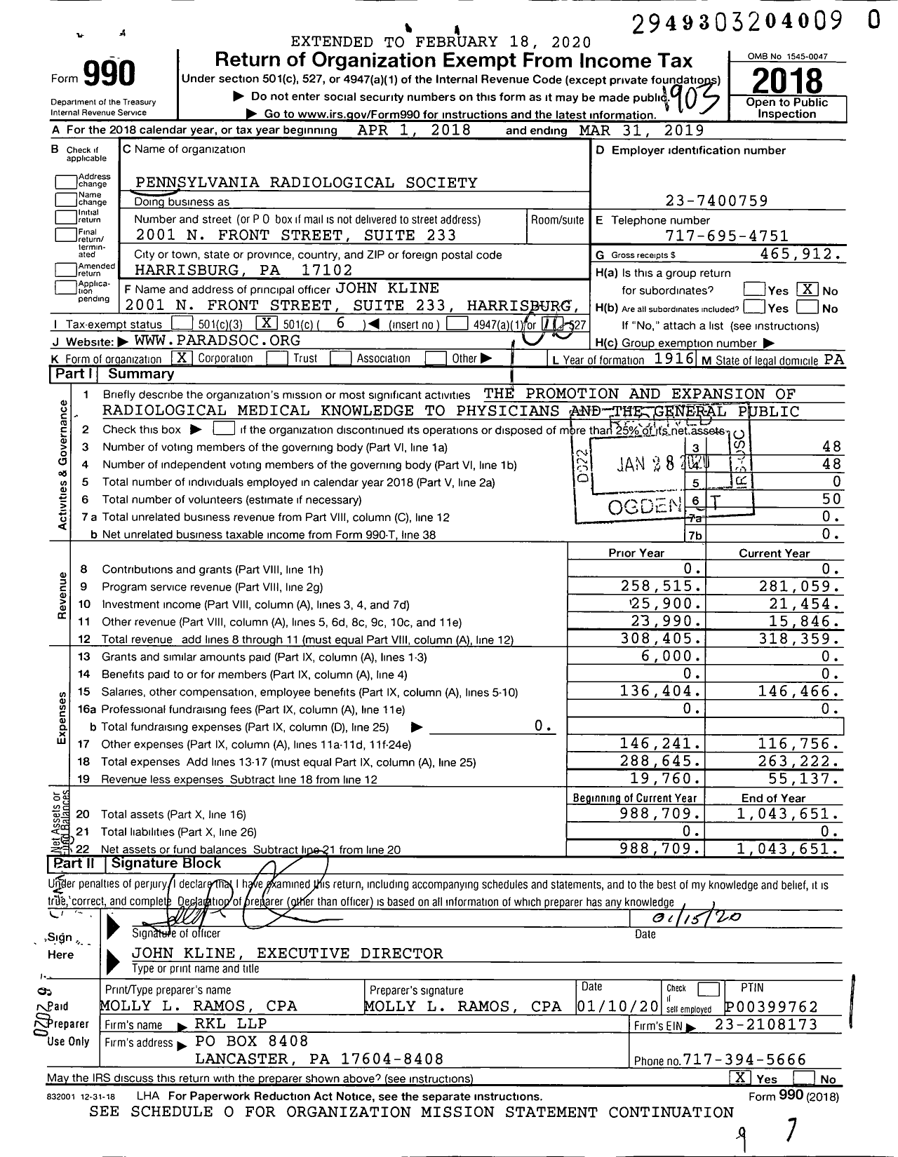 Image of first page of 2018 Form 990O for Pennsylvania Radiological Society